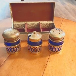 Vintage Salt Pepper 3 Piece Set Blue Cobalt Glass Silver Plate in Box